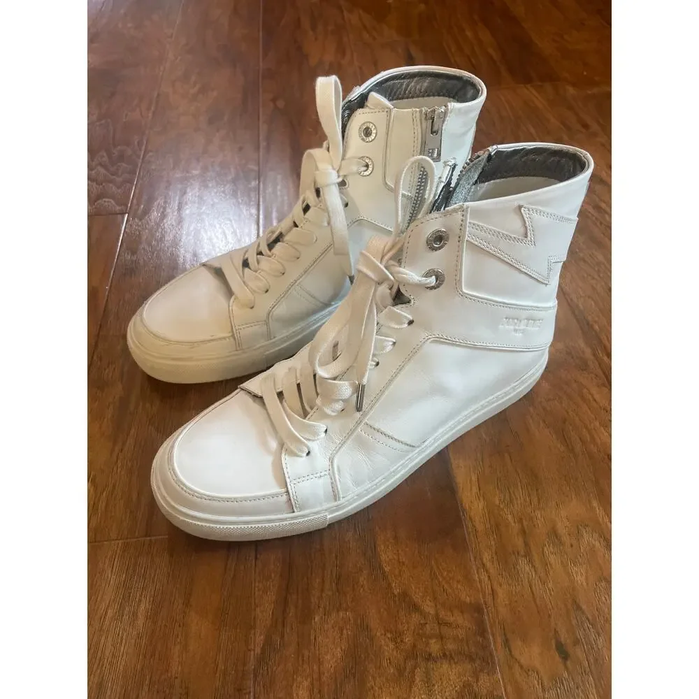 ZADIG & VOLTAIRE Flash High Top Sneakers White Lightning Bolt Size 40 10 Leather